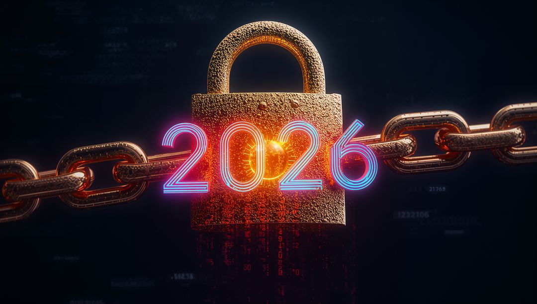 Futuristic glowing padlock with neon 2026 overlay representing cybersecurity and encryption