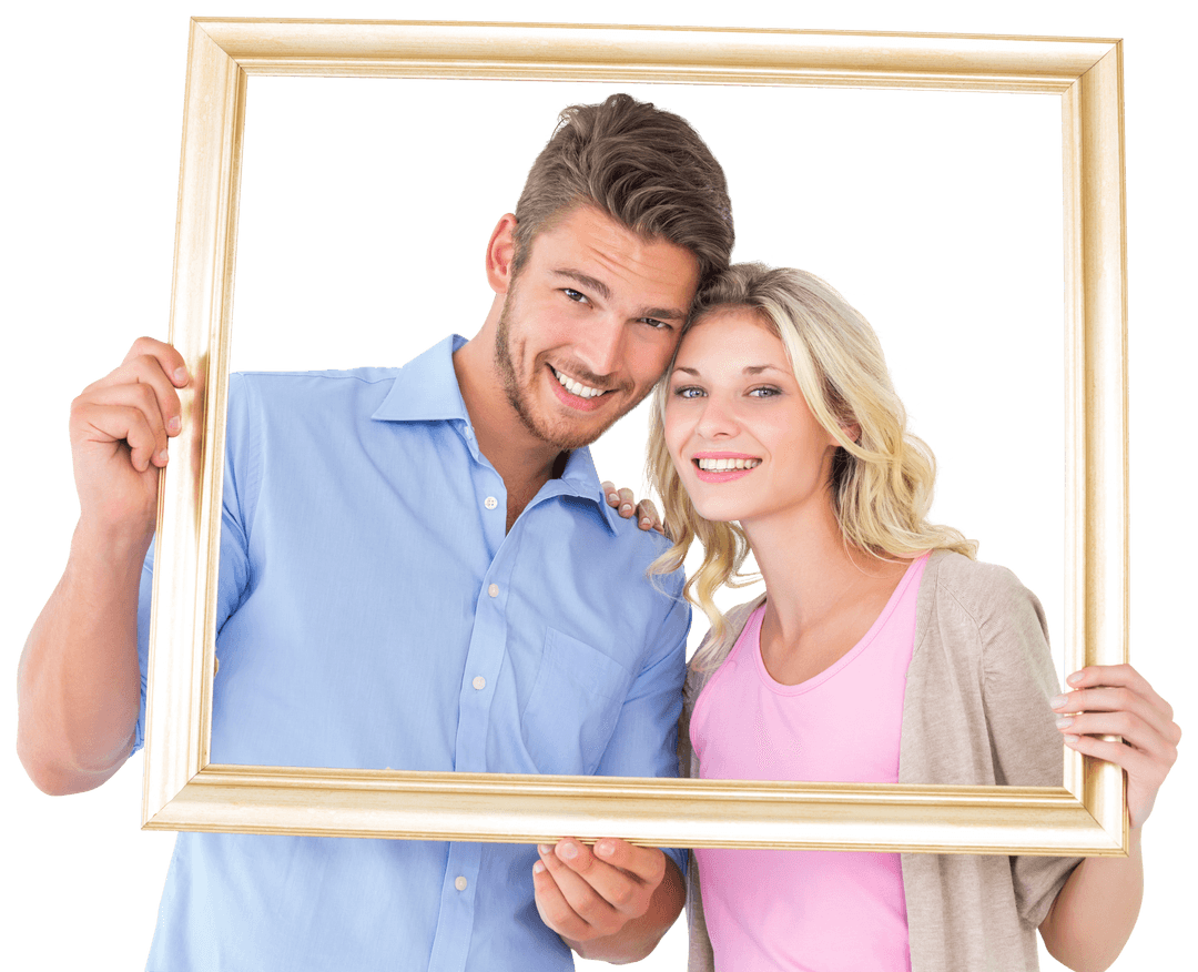 Transparent Frame Holds Happy Couple Smiling at Camera