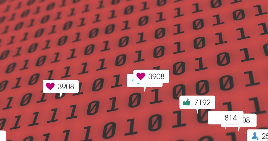 Social Media Engagement Icons Over Binary Code