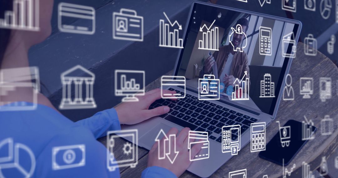Diverse Digital Business Icons Overlaying Woman Using Laptop