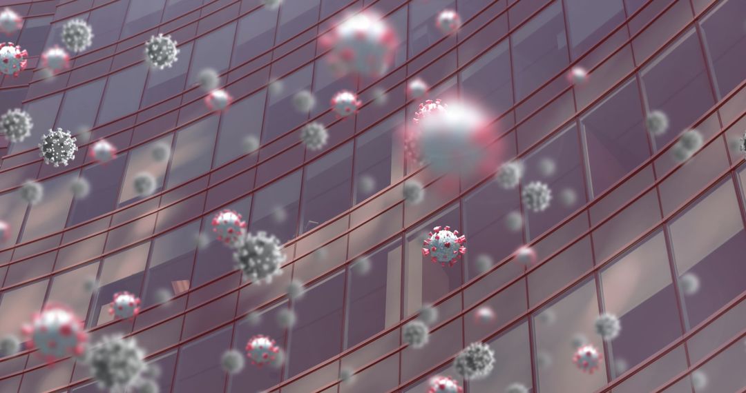 Floating Coronavirus Particles Over City Building Reflect Virus Spread