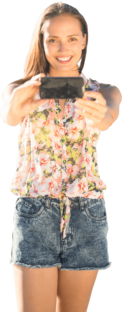 Caucasian Woman Using Smartphone on Transparent Background