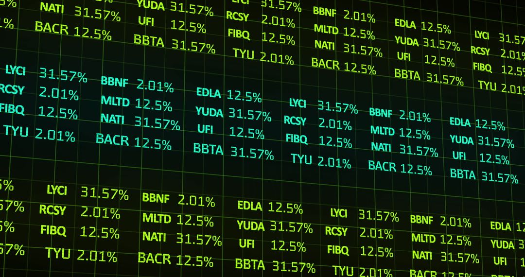 Stock Market Display with Vibrant Green Numbers and Codes
