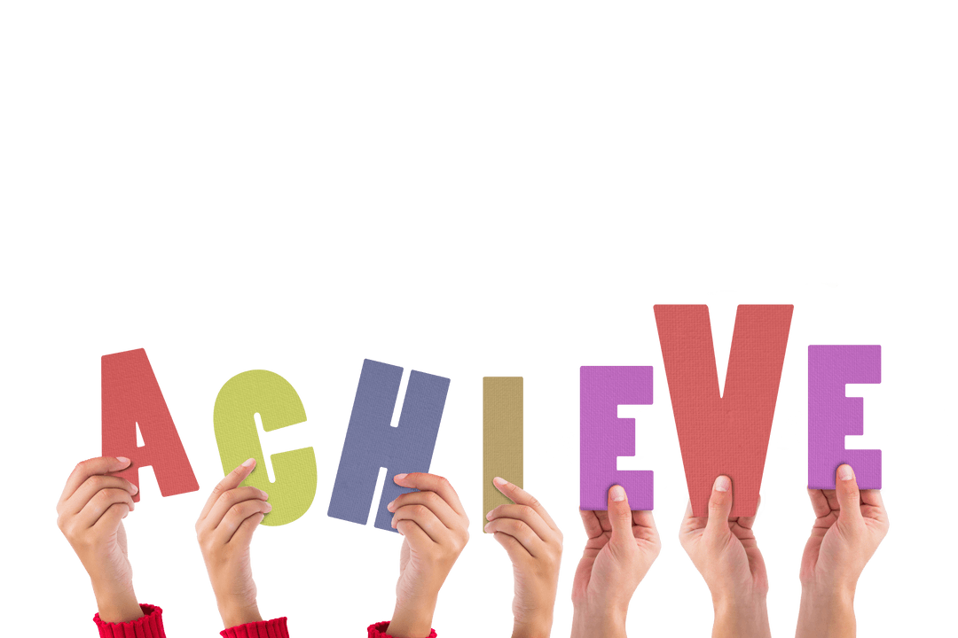 Hands Holding Colorful Achieve Letters on Transparent Background