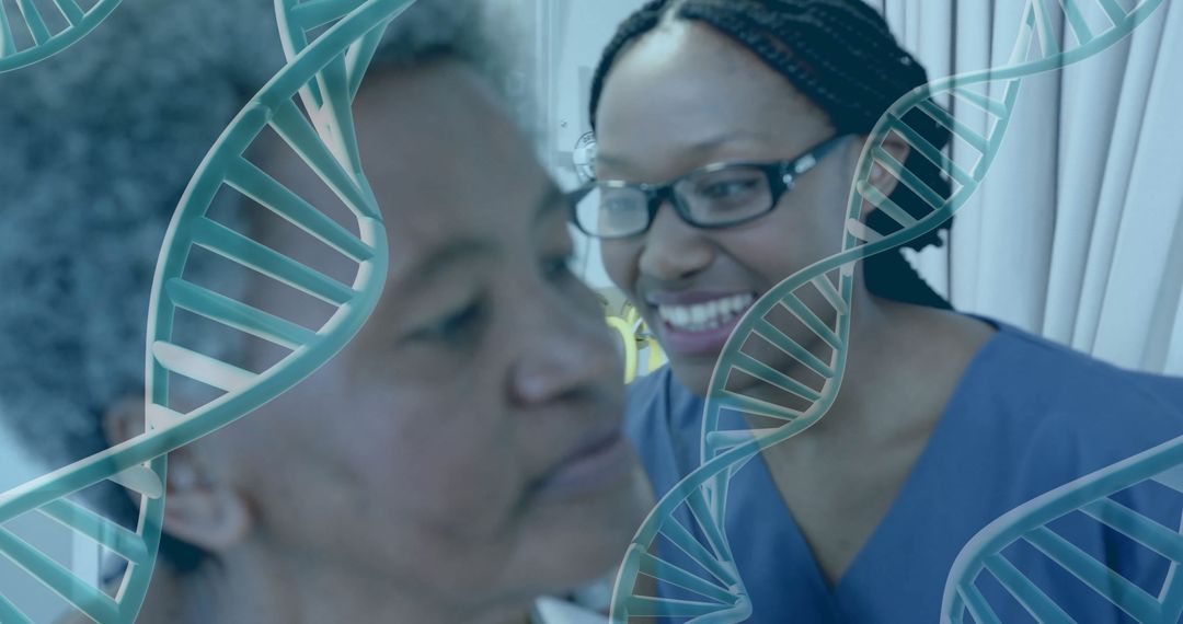 Healthcare Professional Assisting Elderly Patient With DNA Helix Overlay