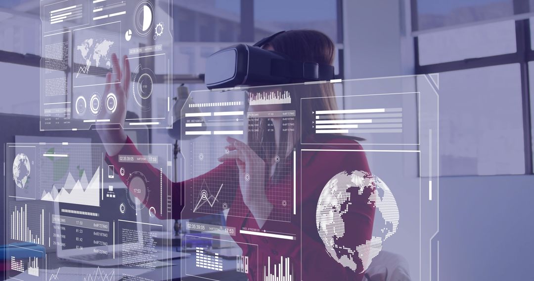 Businesswoman Using VR for Data Visualization in Modern Office