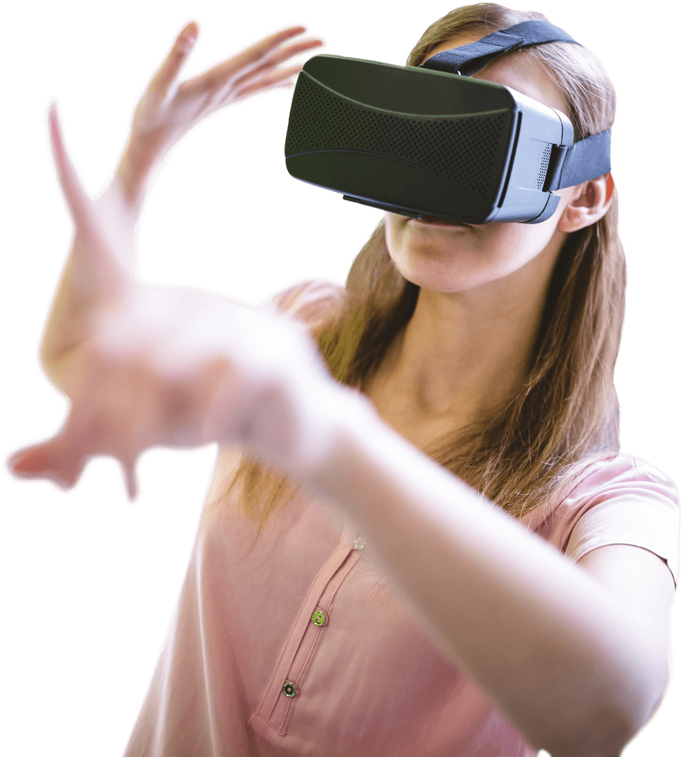 Woman Gesturing in Virtual Reality with Headset on Transparent Background