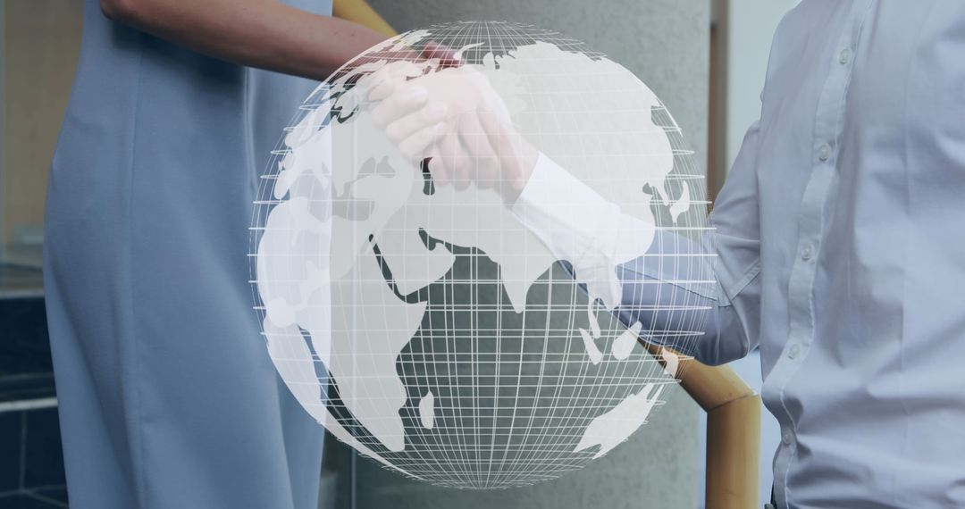 Business Handshake with Digital Globe Overlay