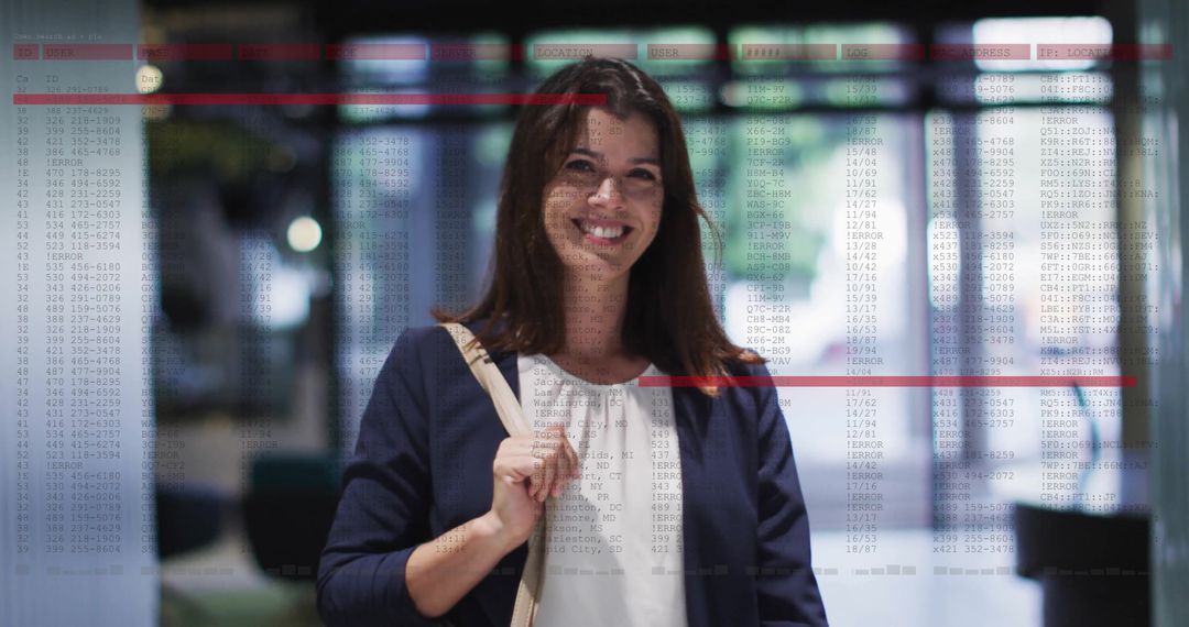 Confident Businesswoman with Data Overlay in Modern Office Setting