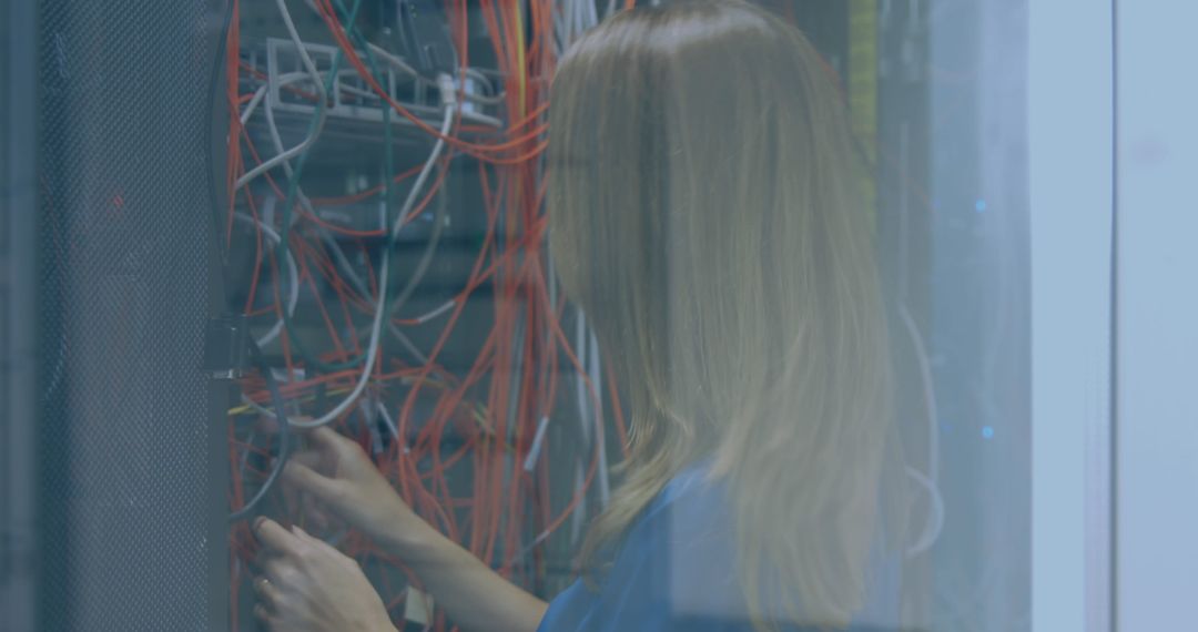 IT Technician Organizing Network Cables in Modern Server Room