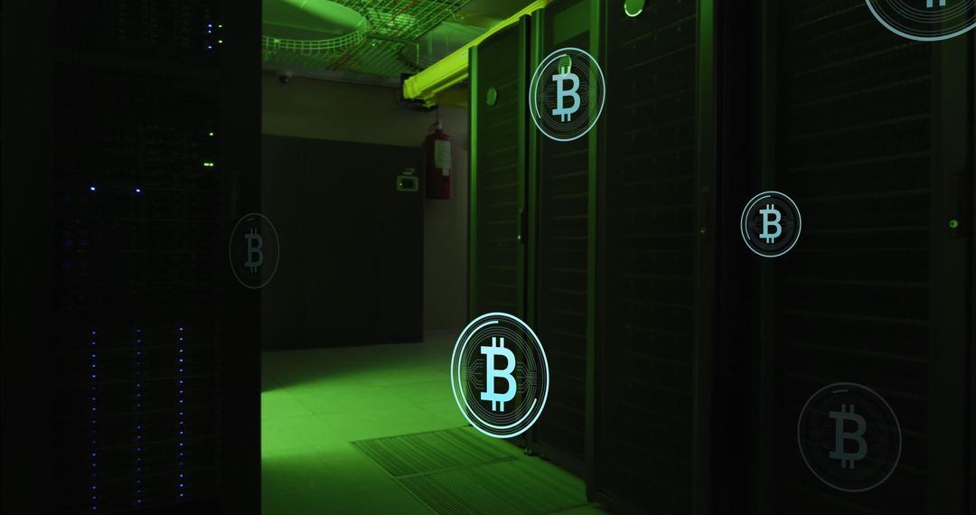 Bitcoin Symbols in Futuristic Server Room