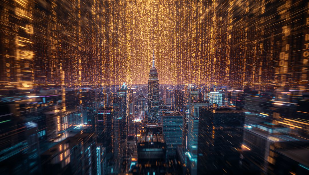 Cyberpunk Cityscape with Central Spire and Falling Binary Matrix over Neon Skyline