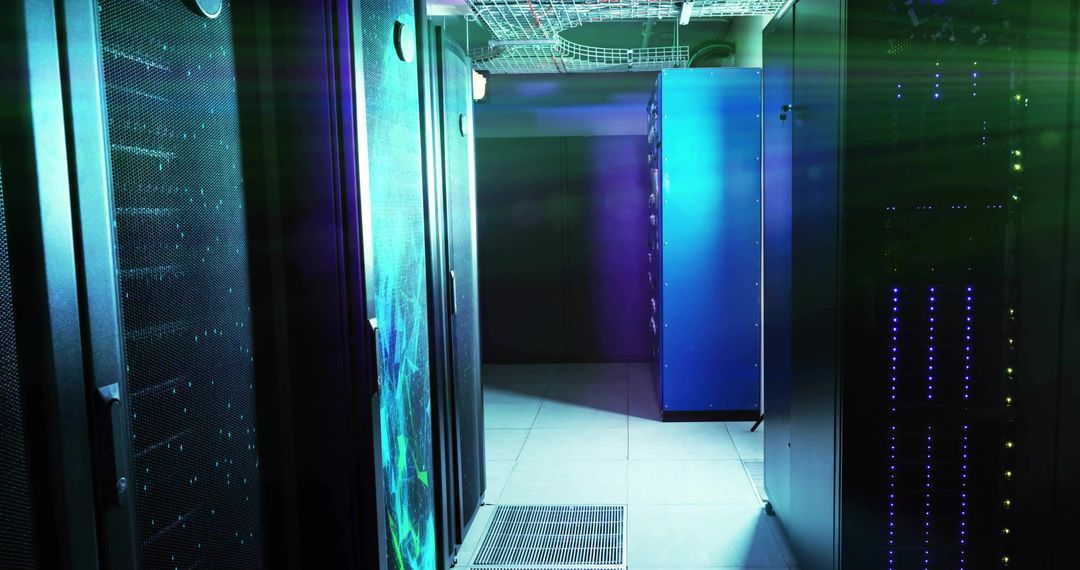 Blue-lit Server Rack in High-Tech Data Center Corridor