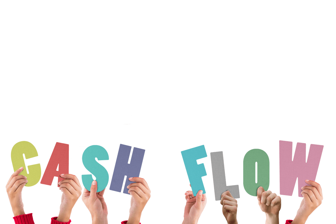 Hands Holding Colourful Transparent Cash Flow Letters on White Background