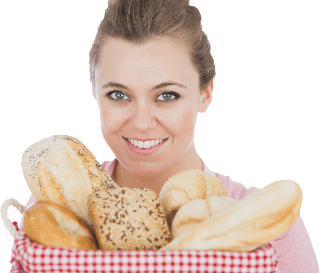 Woman Smiling Holding Basket Full of Fresh Bread Transparent Background