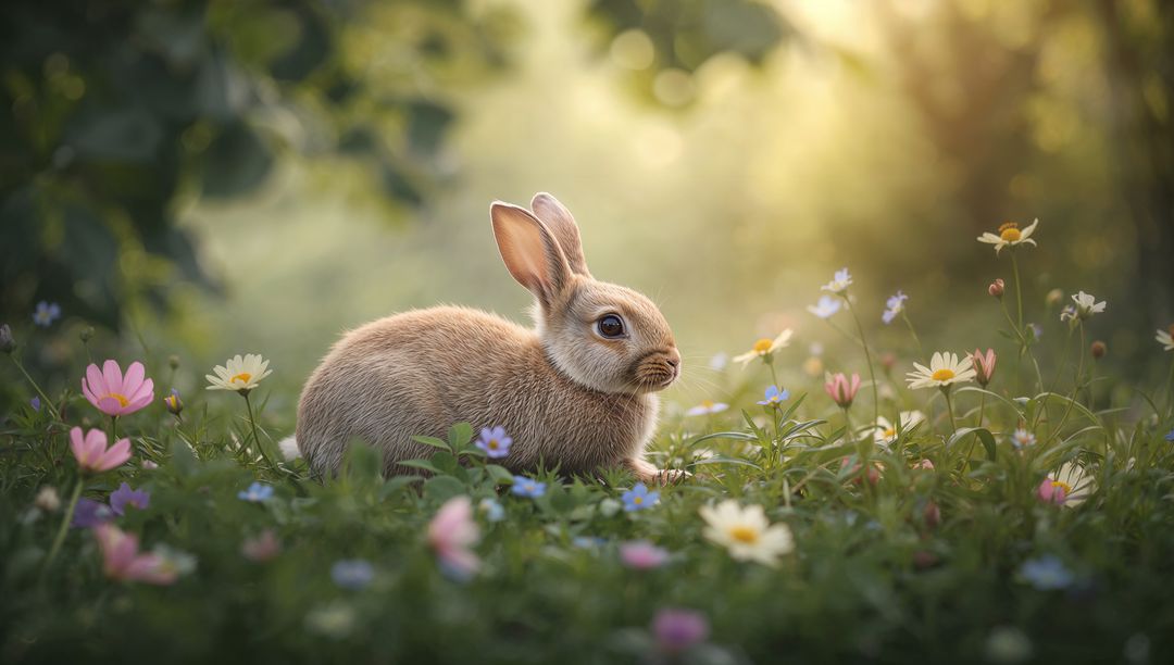 Sunlit Brown Bunny Sitting in Wildflower Meadow with Daisies and Soft Bokeh