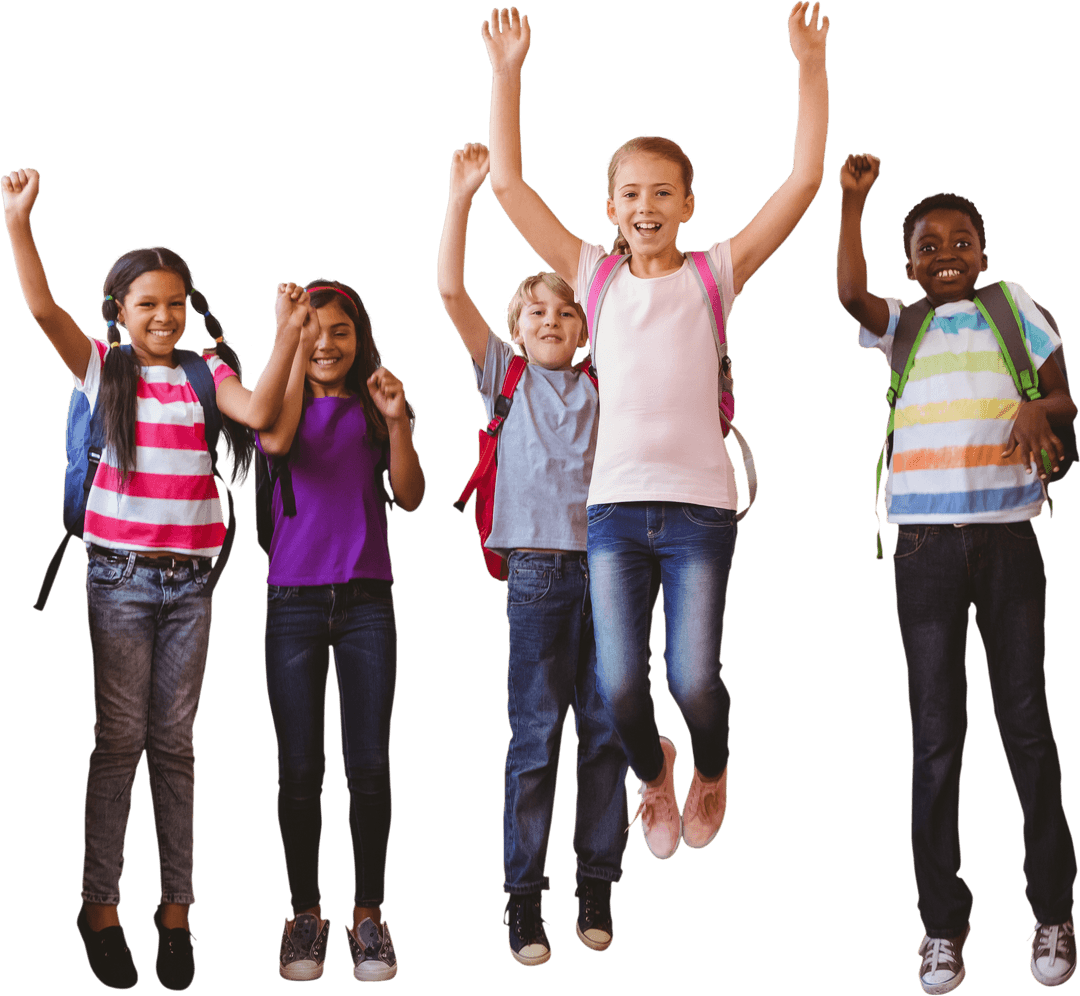 Joyful Transparent Image of Happy School Children Jumping