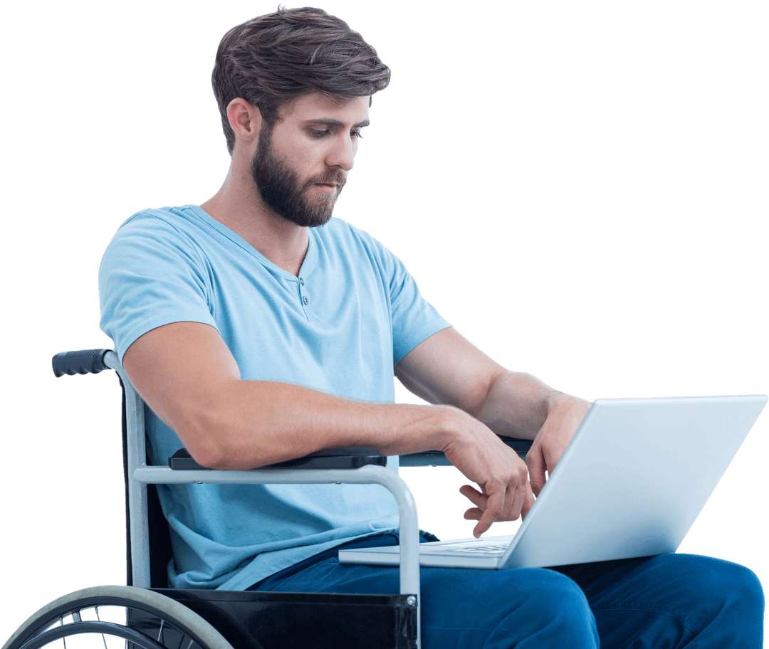 Caucasian Man in Wheelchair Using Laptop on Transparent Background