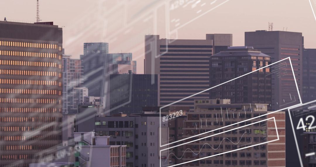 Futuristic Data Overlay of Urban Cityscape at Dusk