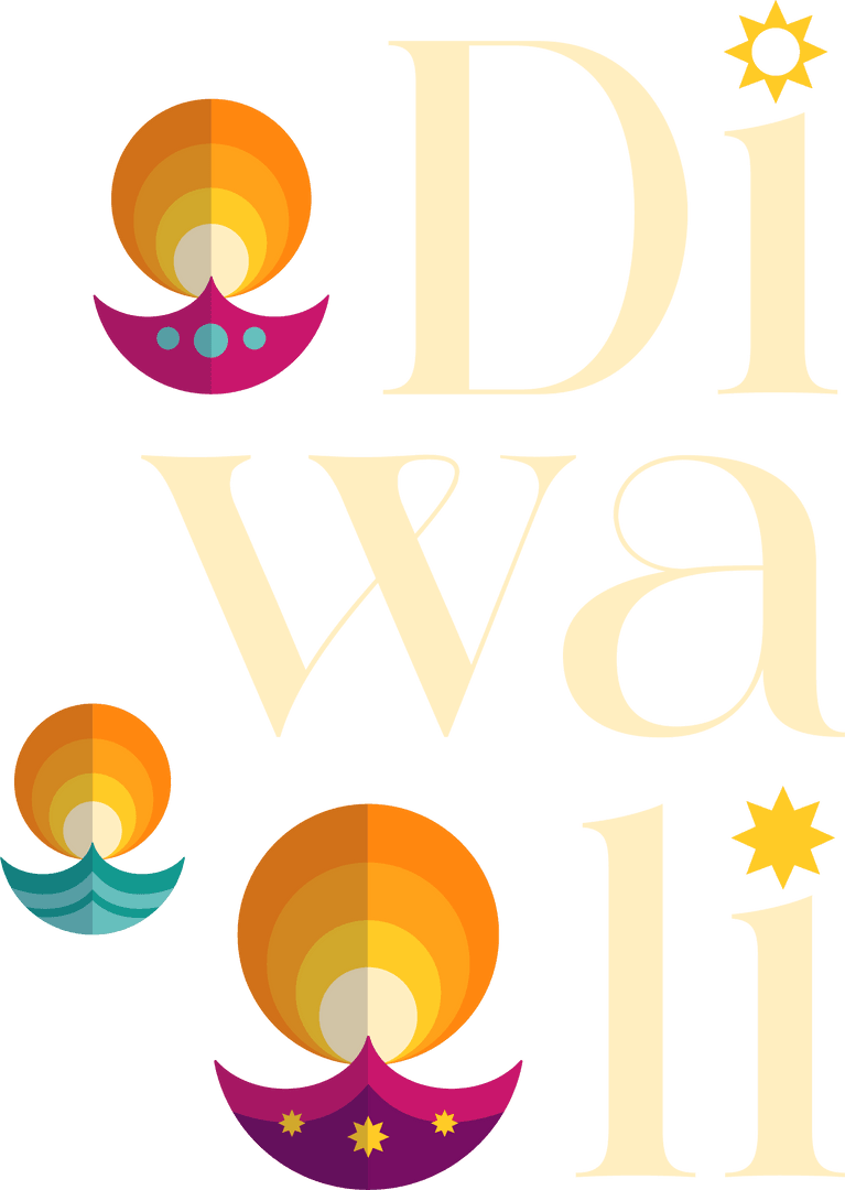 Colorful Diwali Text and Diyas on Transparent Background