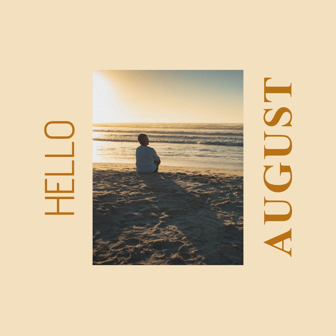 Serene Beach Sunset With Hello August Text