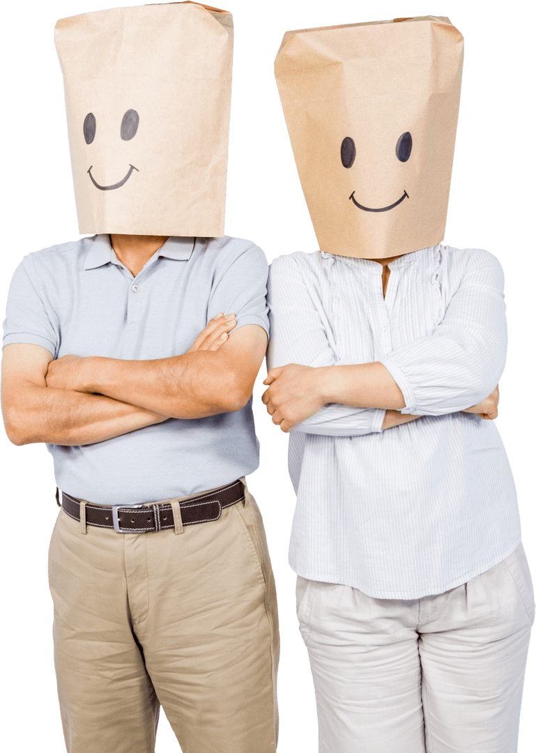 Transparent Couple Wearing Smiley Paper Bags Over Heads