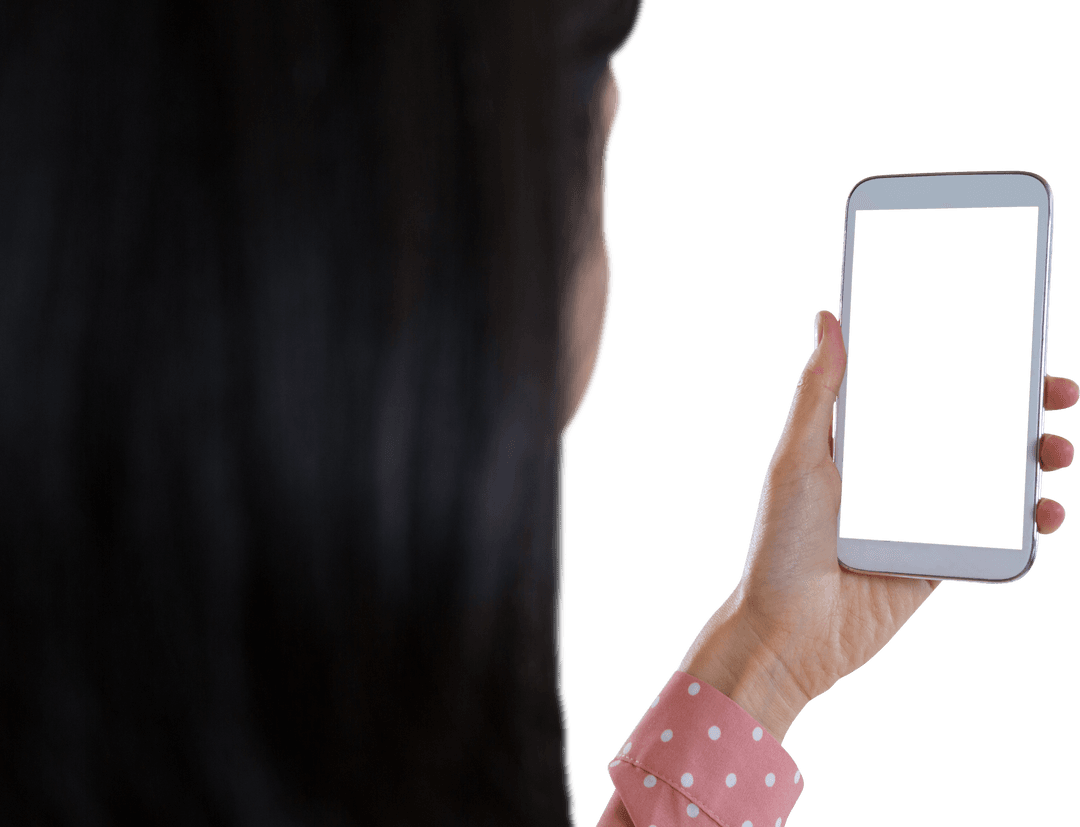 Woman Holding Smartphone with Blank Transparent Screen