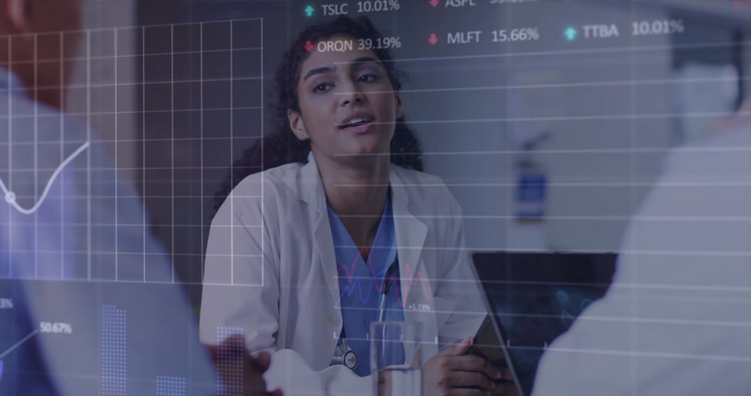 Healthcare Professionals Analyzing Data with Digital Graph Overlay