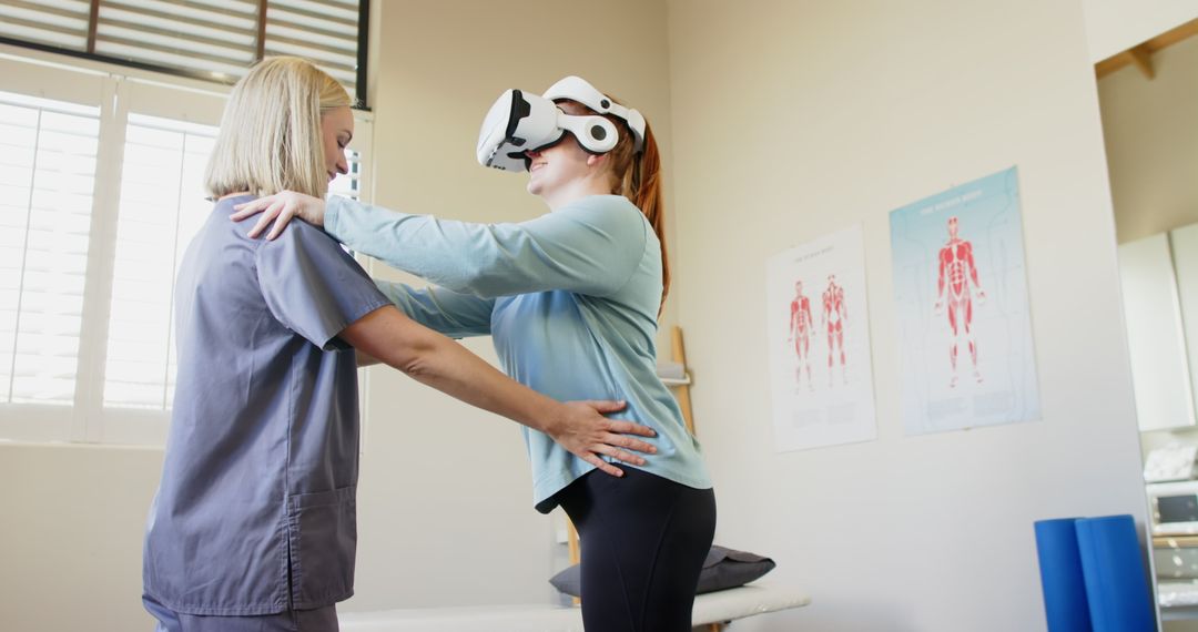 Woman Using VR for Rehabilitation with Therapist