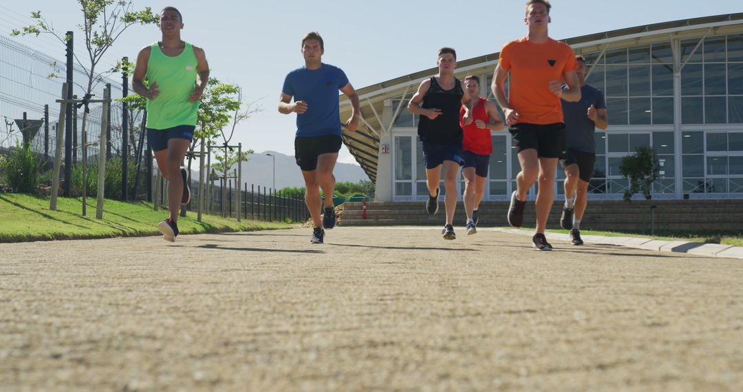 Group of Track Athletes Running Outdoors Near Modern Stadium - Free Images, Stock Photos and Pictures on Pikwizard.com