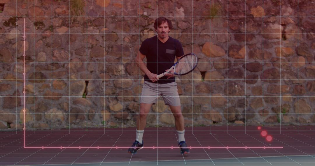 Tennis Player Analyzing Swing with Data Overlay