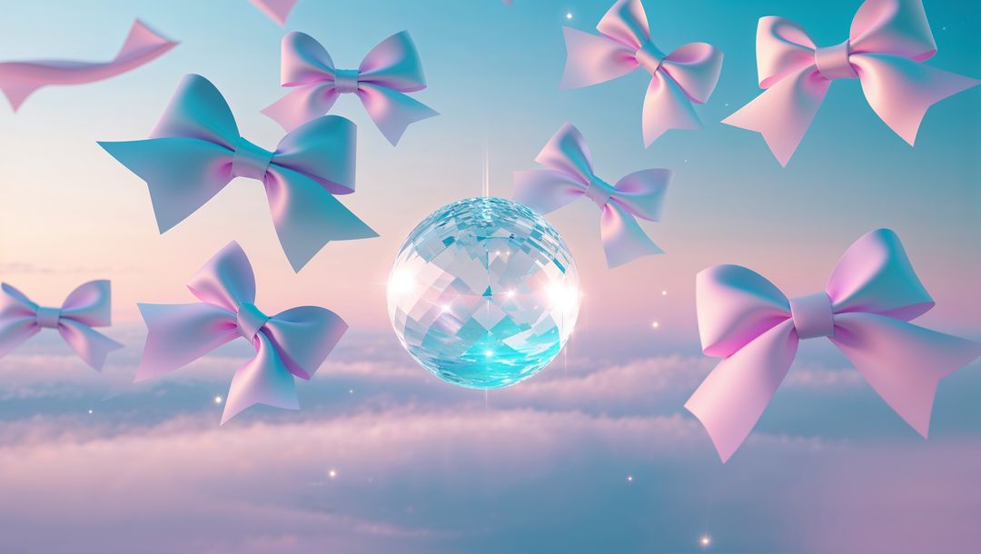 Whimsical Pastel Bows and Disco Ball Above Clouds at Dawn