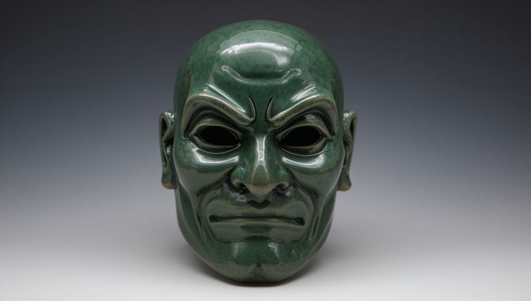 Glossy Green Ceramic Ceremonial Mask Showing Fierce Expression and Shiny Glaze
