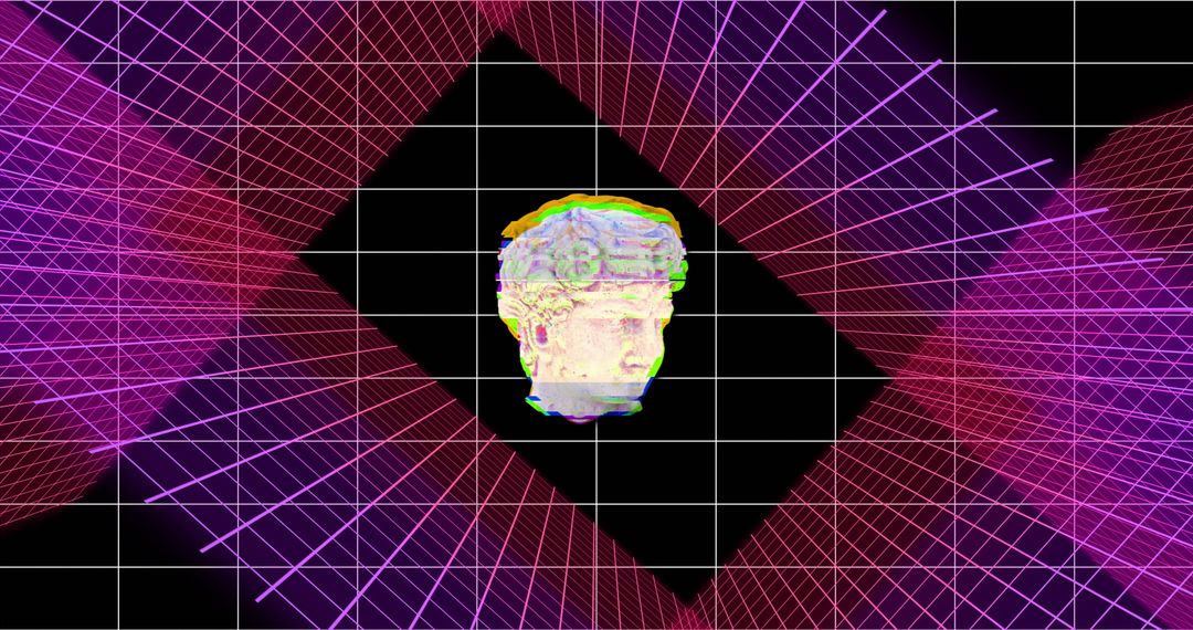 Classical Statue Head on Vibrant Digital Grid Background