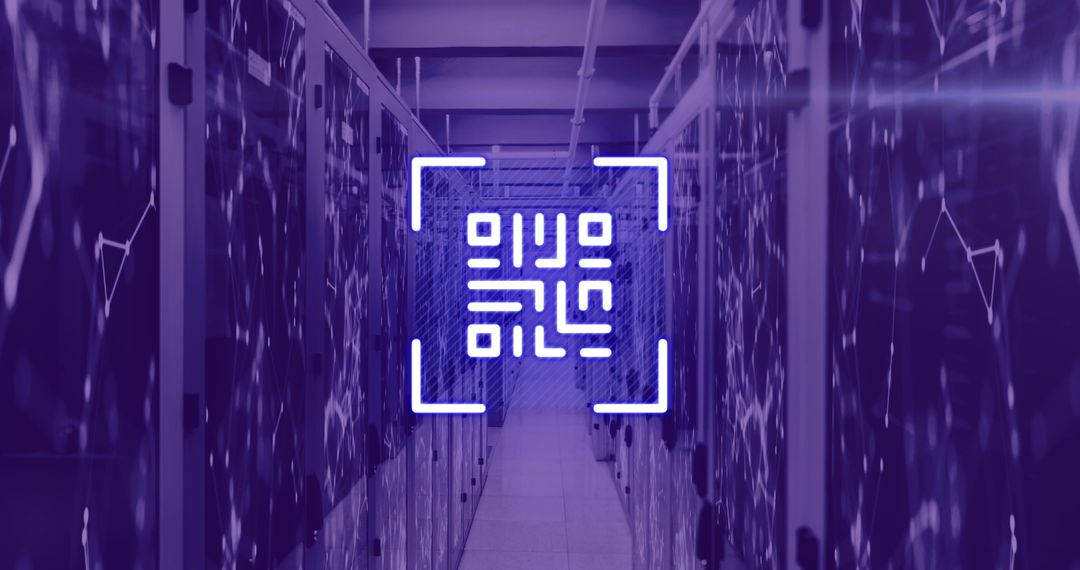 Neon QR Code Overlaying Modern Server Room in Violet - Free Images, Stock Photos and Pictures on Pikwizard.com