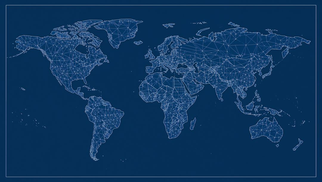 Wireframe World Map with Geometric Design on Navy Canvas
