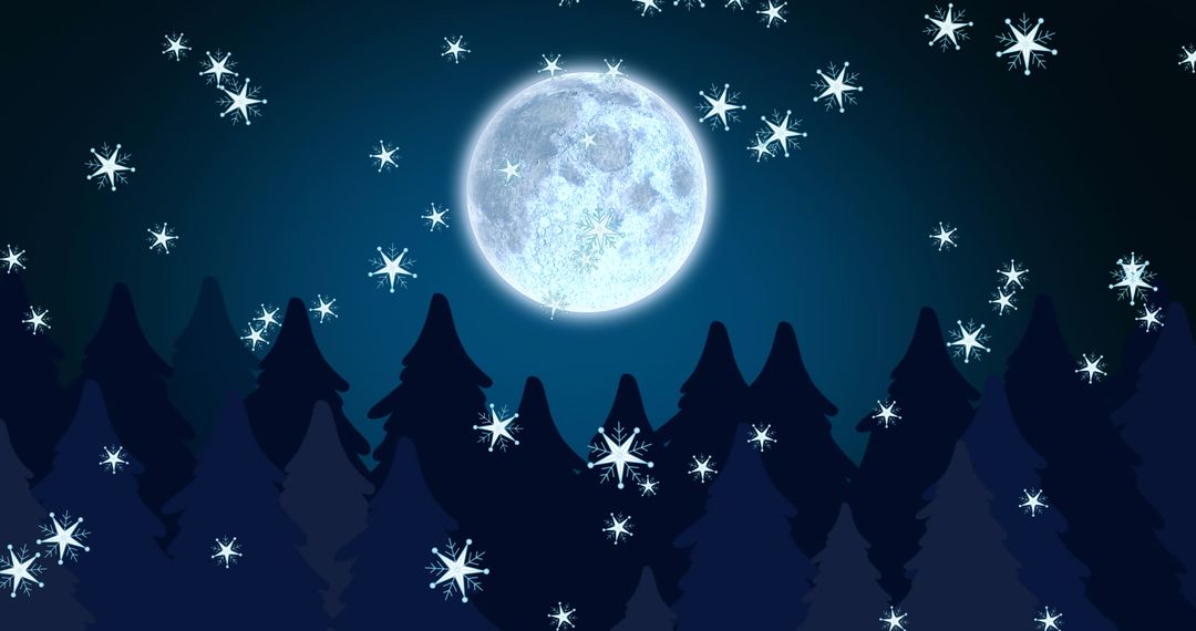 Peaceful Winter Night with Snow Falling Over Fir Trees and Bright Full Moon
