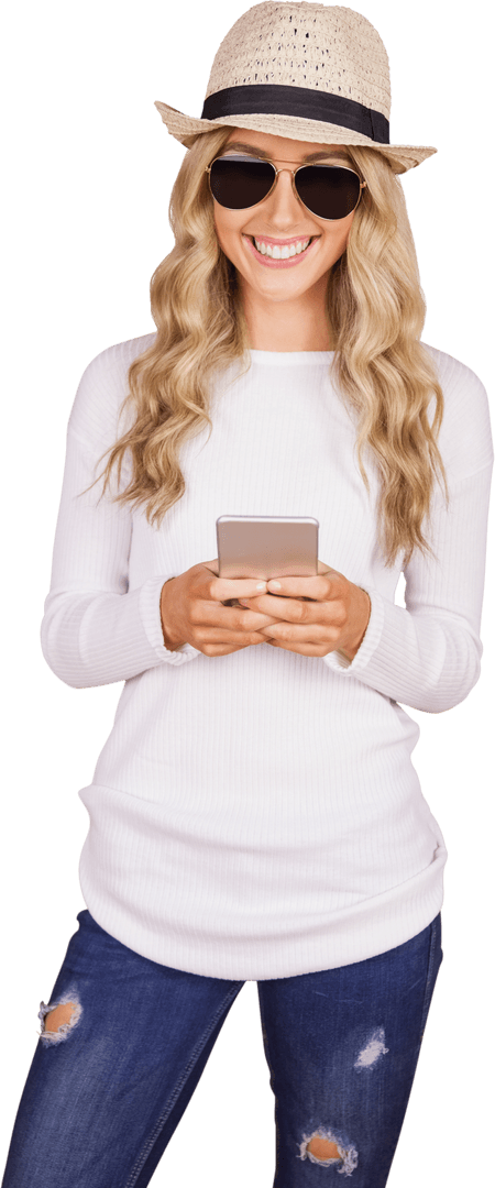 Smiling Caucasian Woman Using Smartphone on Transparent Background