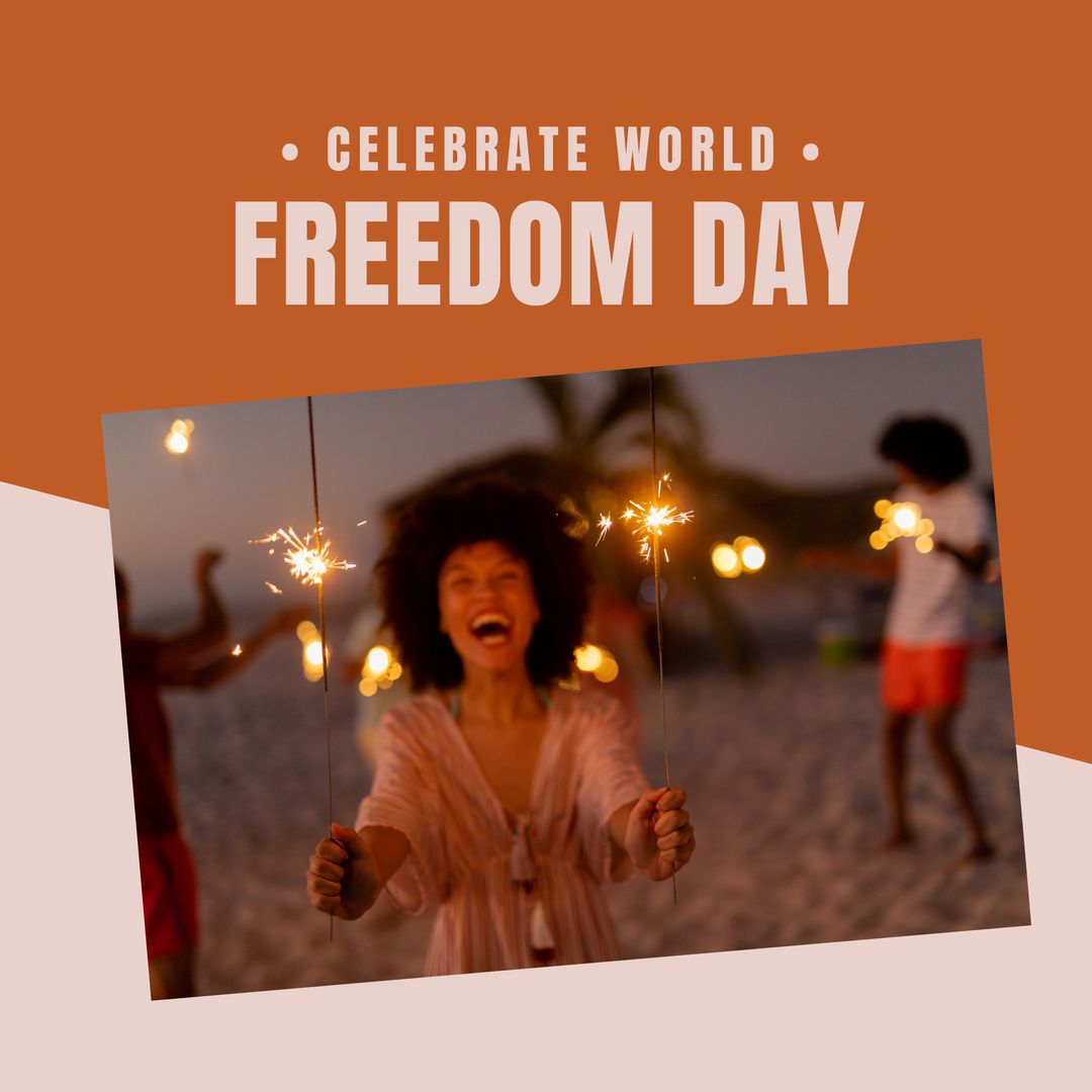 Digital image of cheerful young biracial woman holding sparklers at beach, world freedom day text - Download Free Stock Templates Pikwizard.com