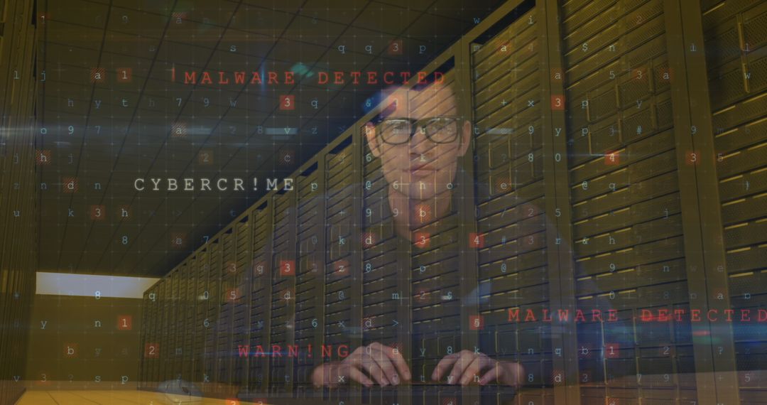 Male Hacker Posing Data Threat in Server Room with Malware Alerts