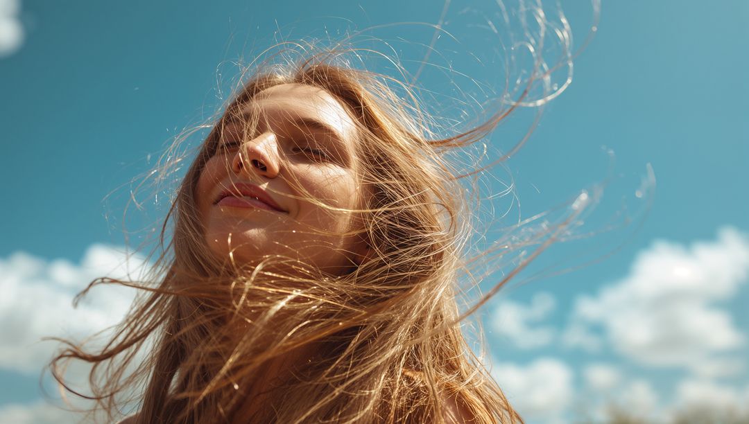 Serene Woman Enjoying Gentle Breeze Under Clear Blue Sky