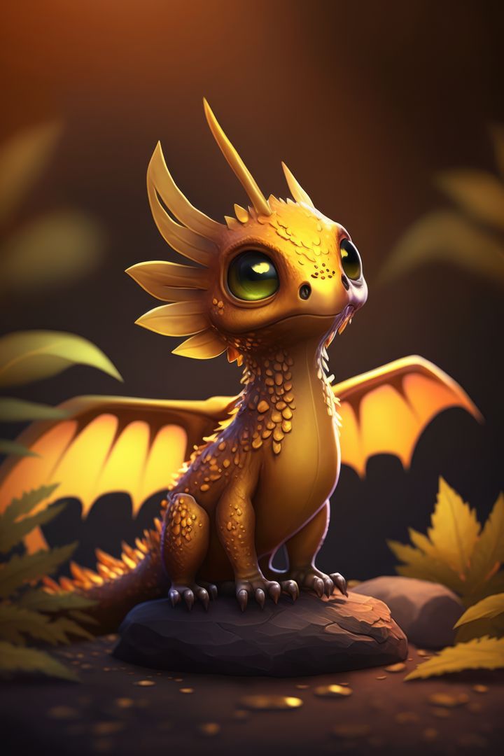 Adorable Baby Dragon with Bright Eyes Perched on Rock in Magical Forest - Free Images, Stock Photos and Pictures on Pikwizard.com