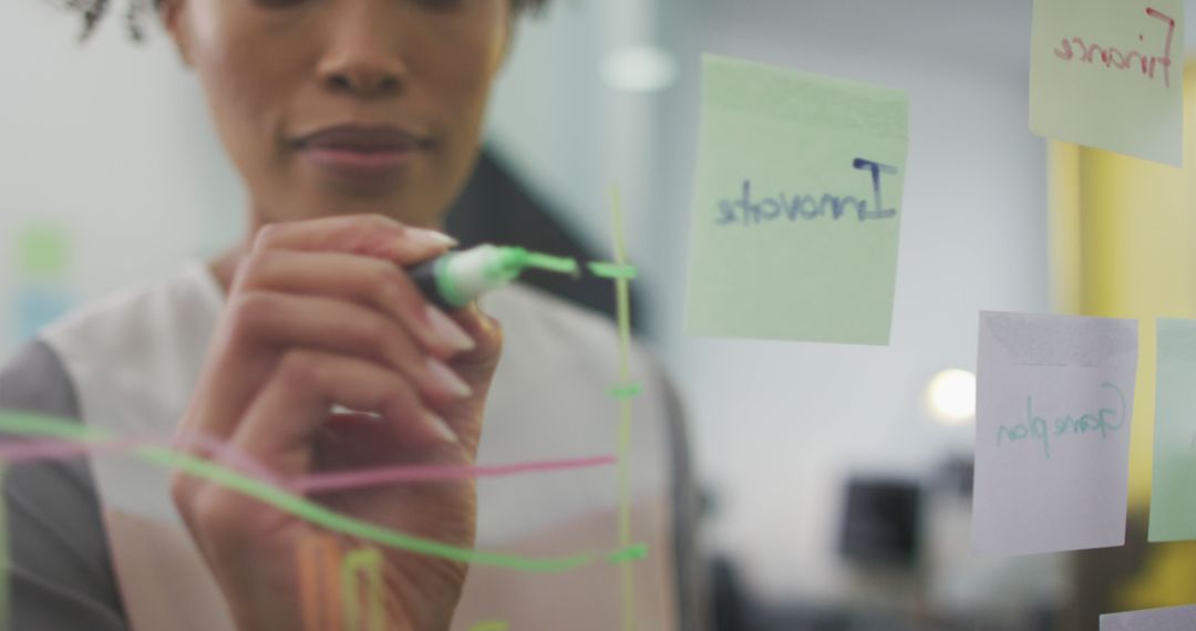 Businesswoman Drawing Charts on Transparent Board with Sticky Notes - Free Images, Stock Photos and Pictures on Pikwizard.com