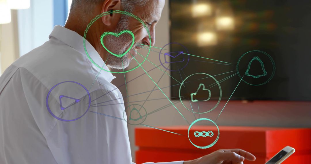 Senior Man Engaging with Social Media Icons on Smartphone