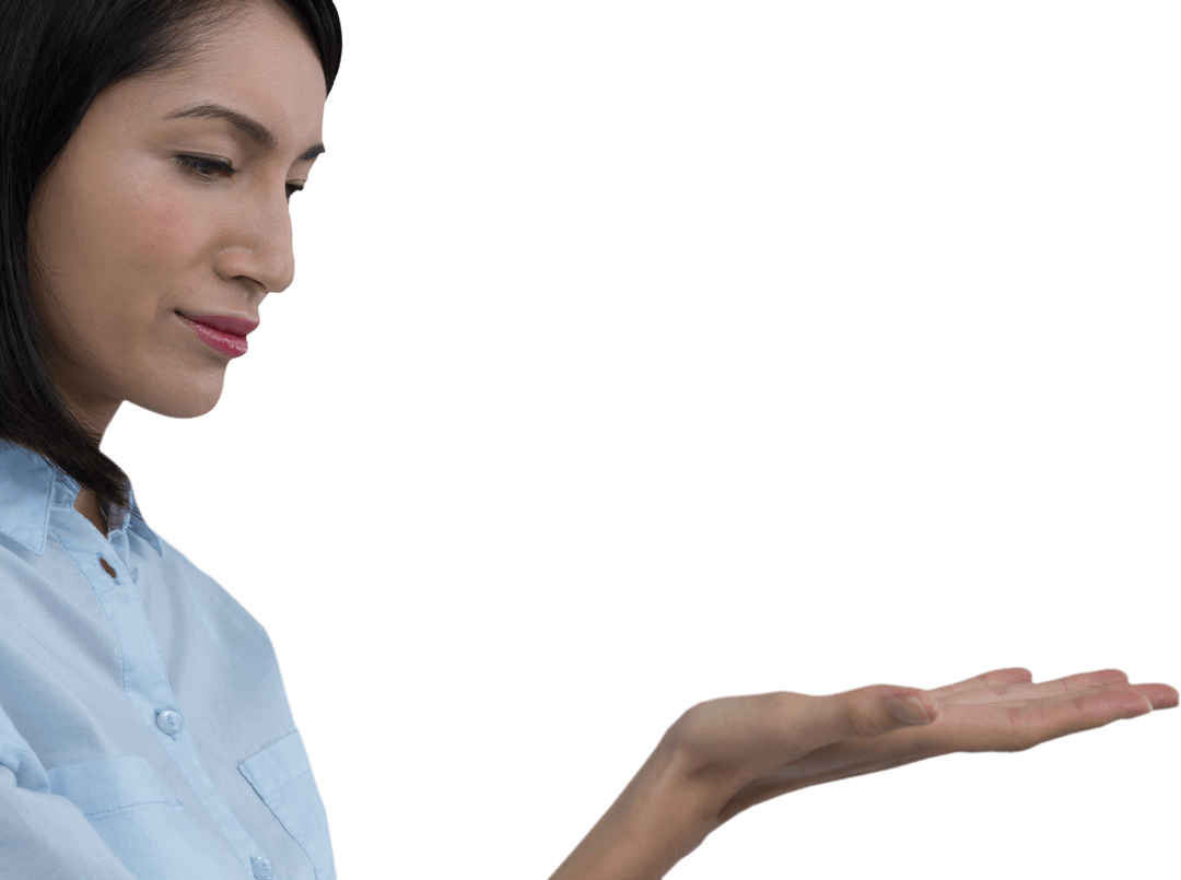 Woman Holding Transparent Object in Empty Palm