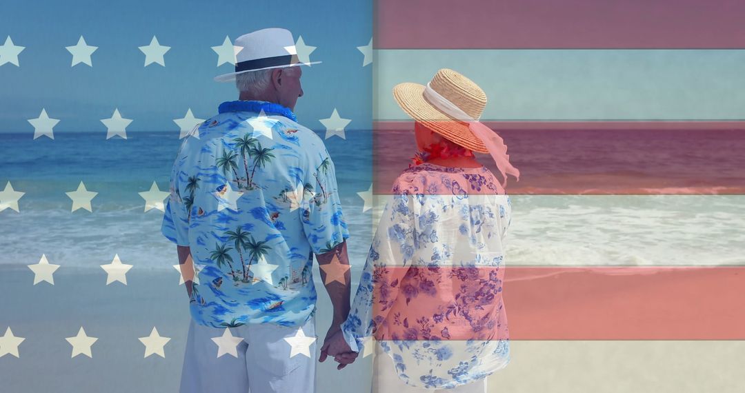 Senior Couple Enjoying Beach with USA Flag Overlay