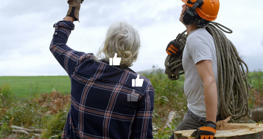 Lumberjacks in Forest with Digital Interface Icons