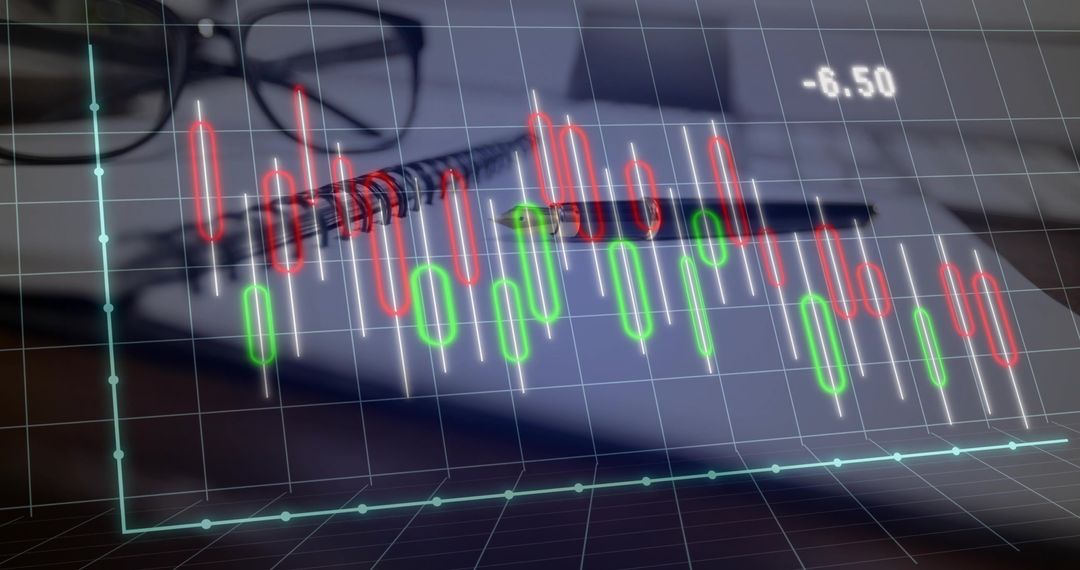 Digital Financial Analysis with Candlestick Chart on Office Desk