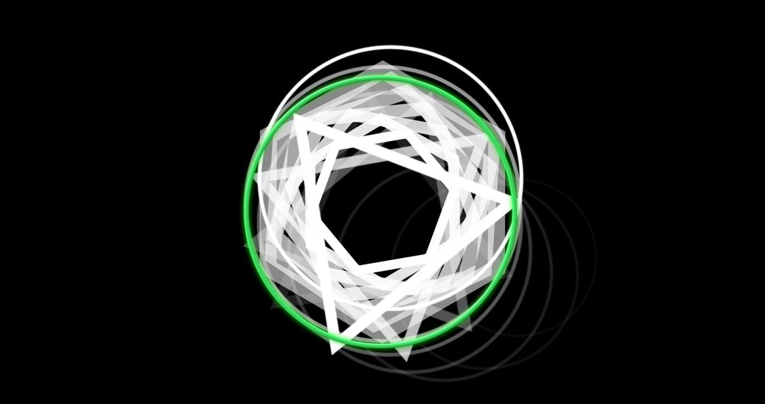 Abstract Layered Polygons and Neon Green Circle on Black Background