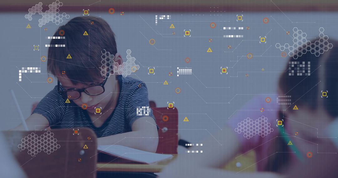 Student in Classroom, Focusing with Digital Technology Overlay